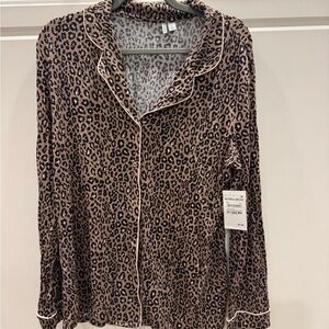 Nordstrom Tan and Cream Leopard Button Down Pajama Shirt with Notched Collar
